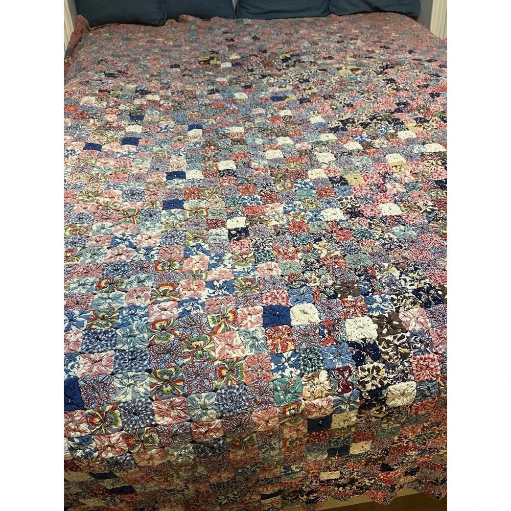 Vintage Yo Yo Yoyo Quilt 80x90 Feedsack Fabrics Handmade 1930’s Cottage Core